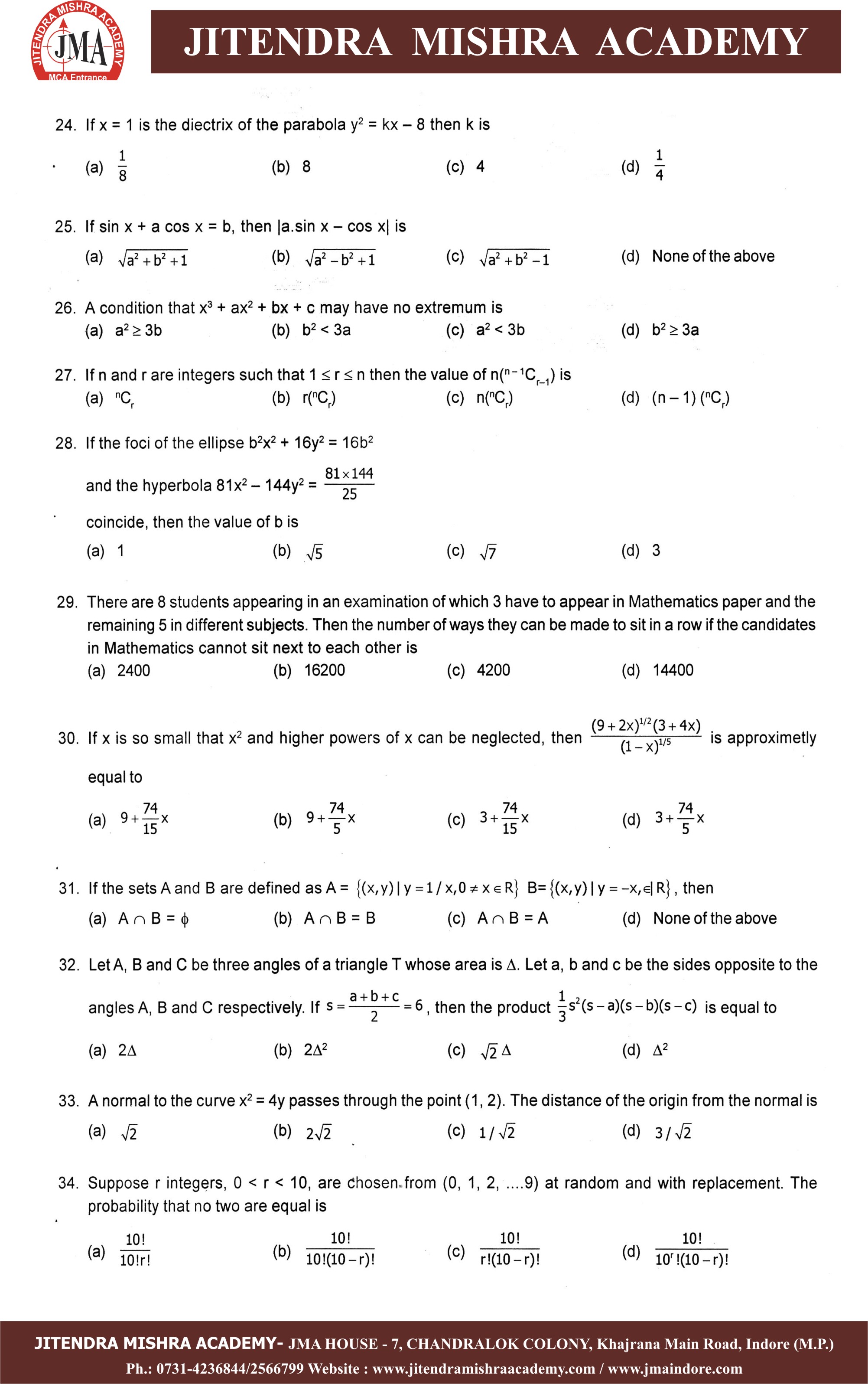 Question Paper Of Nimcet - 2014 (set-a) - Jitendra Mishra Academy Indore Mp