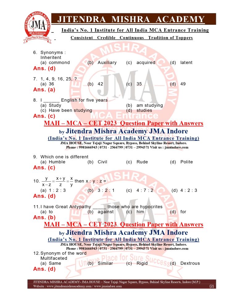 MAH-MCA-CET-2023 Question Paper & Answers | Jitendra Mishra Academy ...